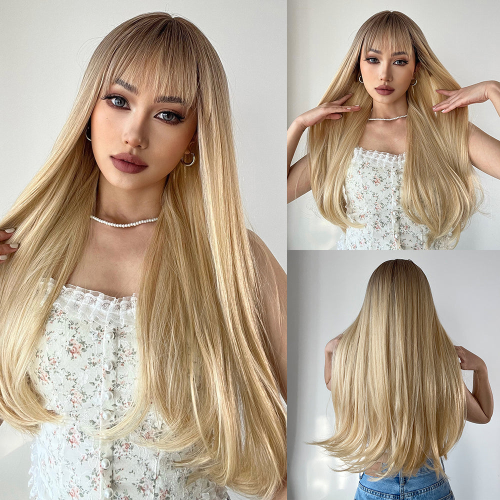 26 Inches Long Blonde Wigs with Bangs Synthetic Wigs Women's Wigs Daily Use Party or Cosplay Taking Photos LC021-1