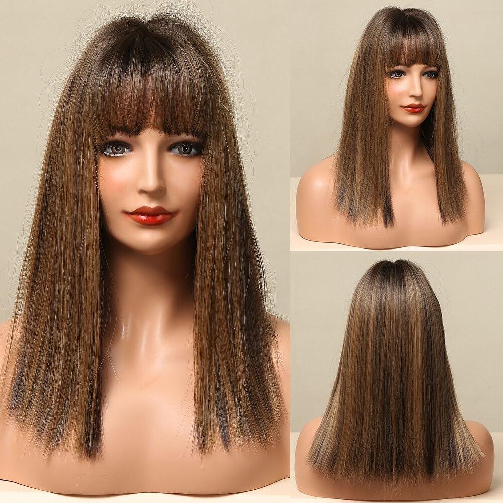 16 inch Long straight black ombre blonde wigs with bangs wigs for women for daily life LC5225-1