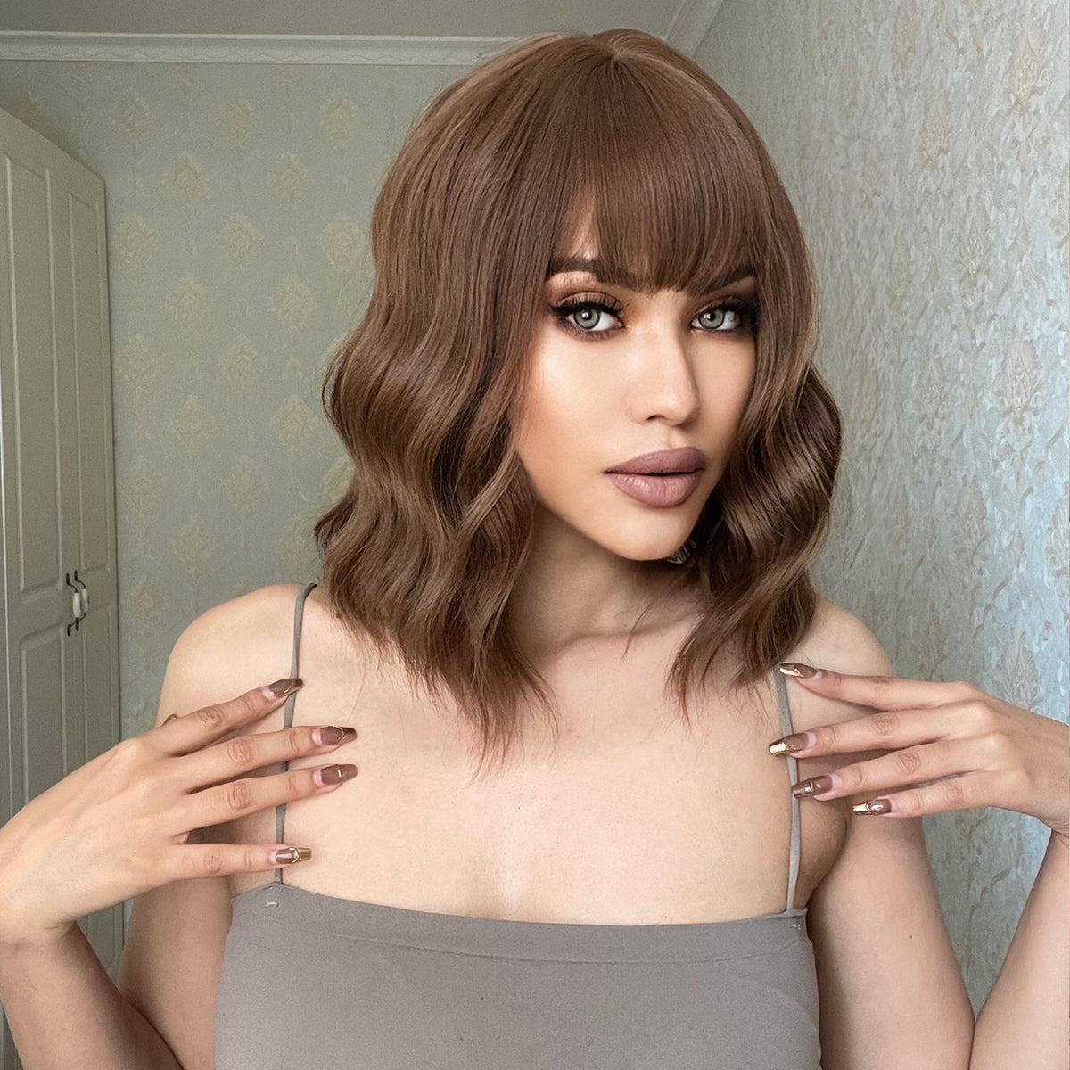 14 Inch Brown Wavy Bob wigs for Women SS170-4