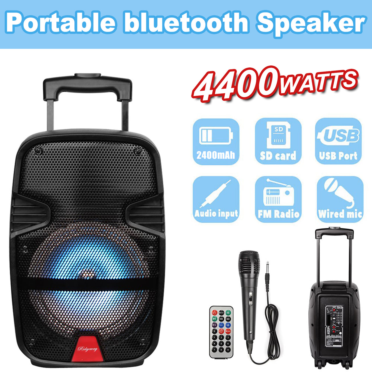 8" 4,400 Watts Wireless Portable Party Bluetooth Speaker With Microphone &Remote