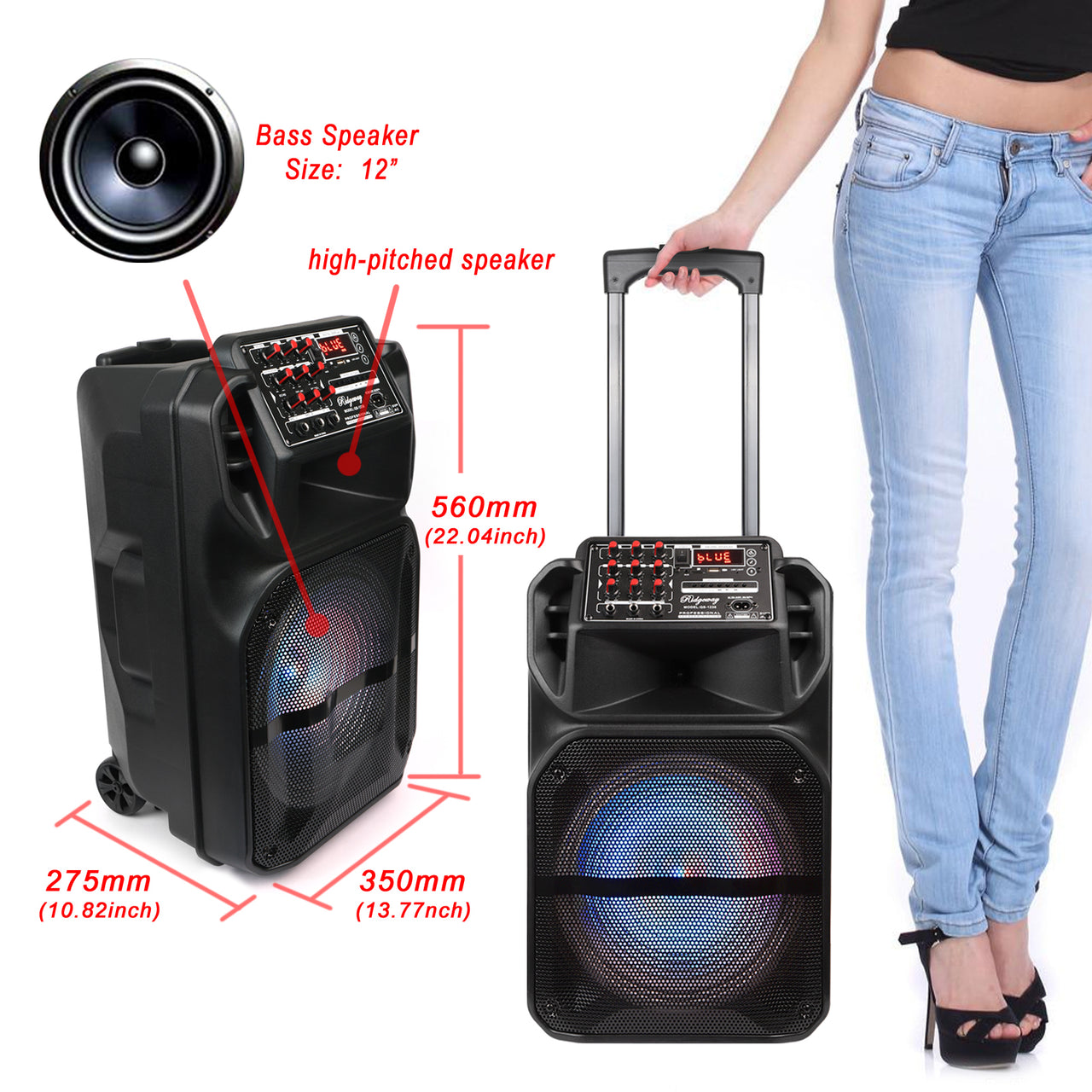 Portable Bluetooth PA Speaker System with 12" / 15'' Subwoofers Mic Party DJ Light