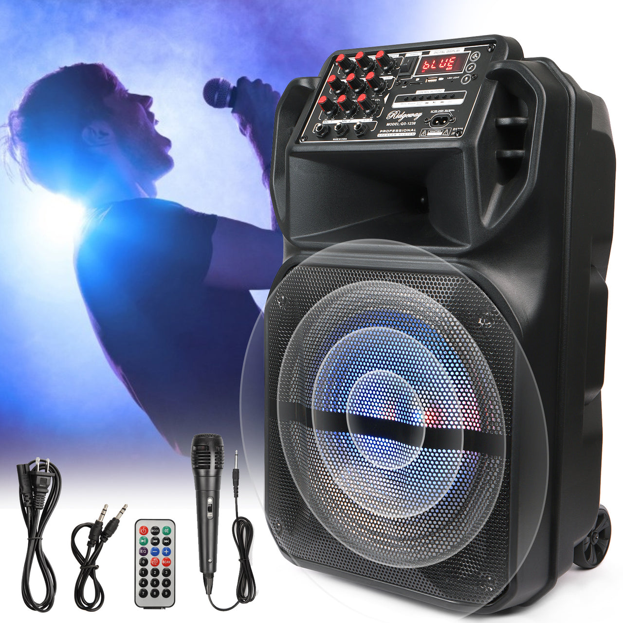 Portable Bluetooth PA Speaker System with 12" / 15'' Subwoofers Mic Party DJ Light