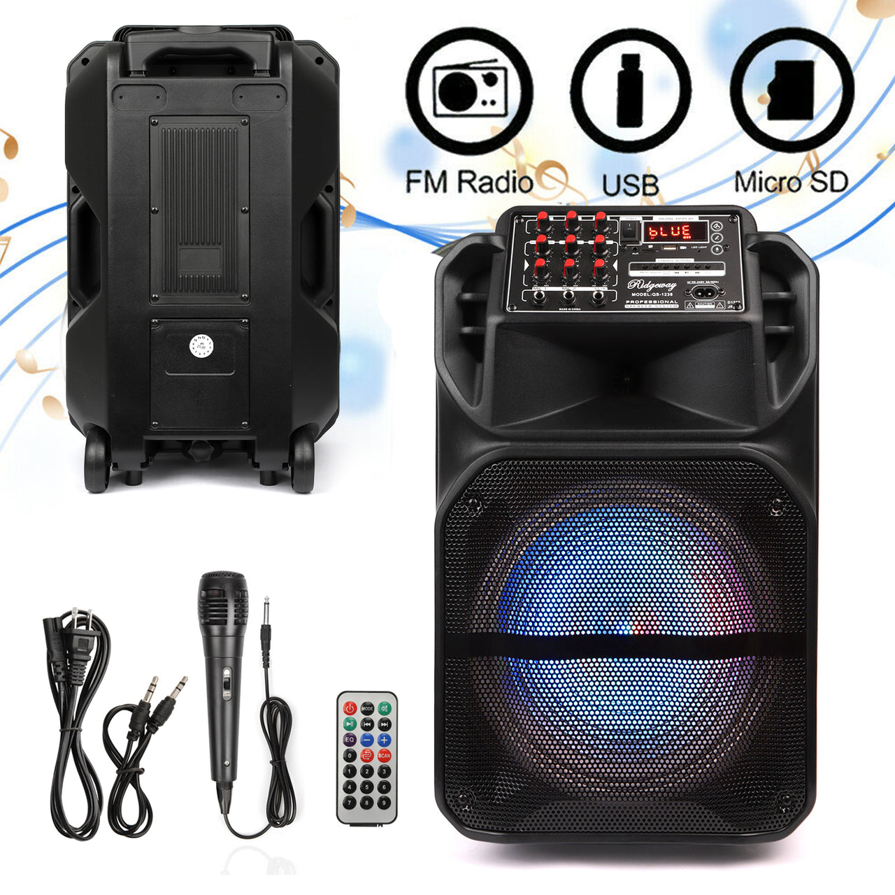 Portable Bluetooth PA Speaker System with 12" / 15'' Subwoofers Mic Party DJ Light