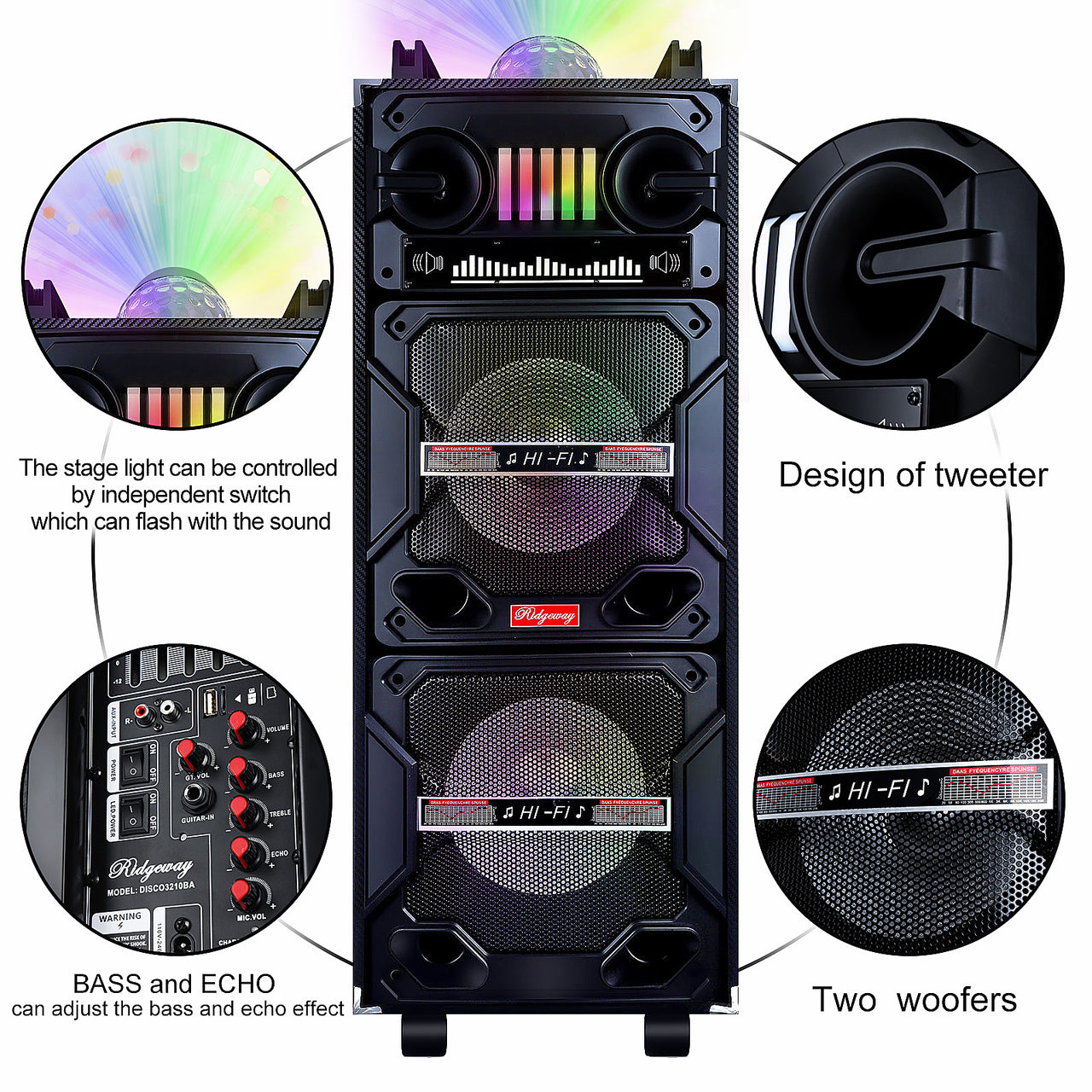 4,500W Bluetooth Speaker Rechargable Dual 10" Woofer Party FM Karaok DJ LED AUX