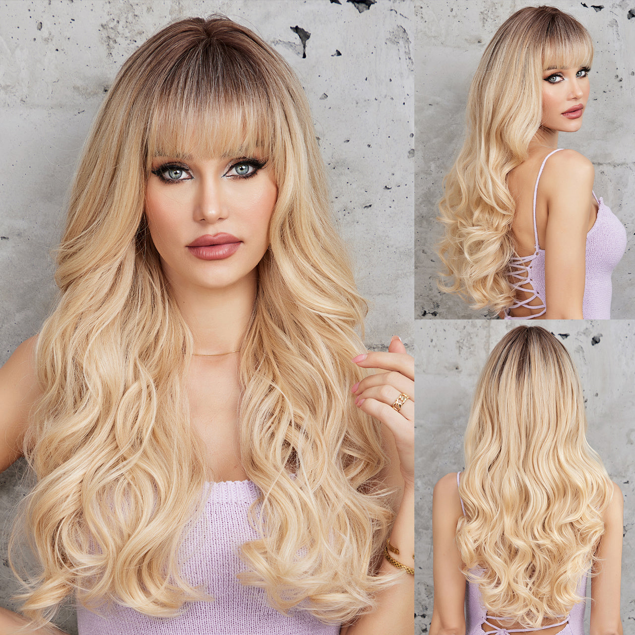 26 Inches Long Curly White Brown Blonde Wigs with Bangs Synthetic Wigs Women's Wigs for Daily Use,Cosplay or Party Taking Photos LC8073-1