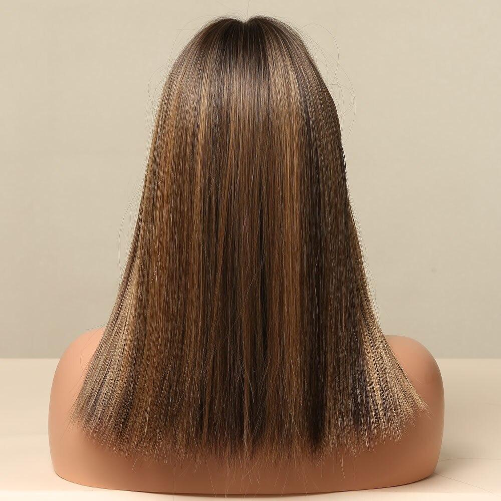 16 inch Long straight black ombre blonde wigs with bangs wigs for women for daily life LC5225-1