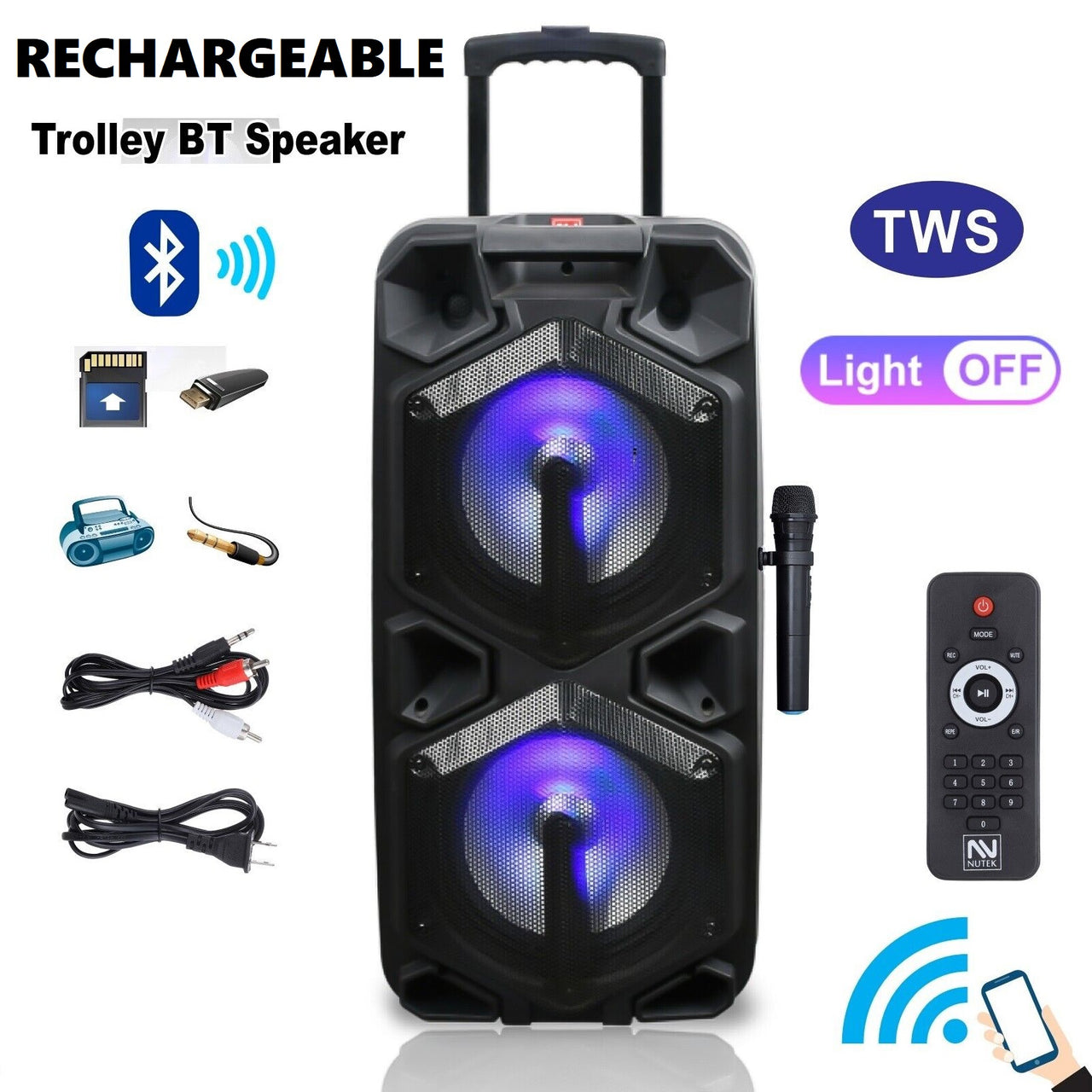 2000W Dual 10" Rechargeable Powered Bluetooth Speaker DJ PA Karaoke Party System