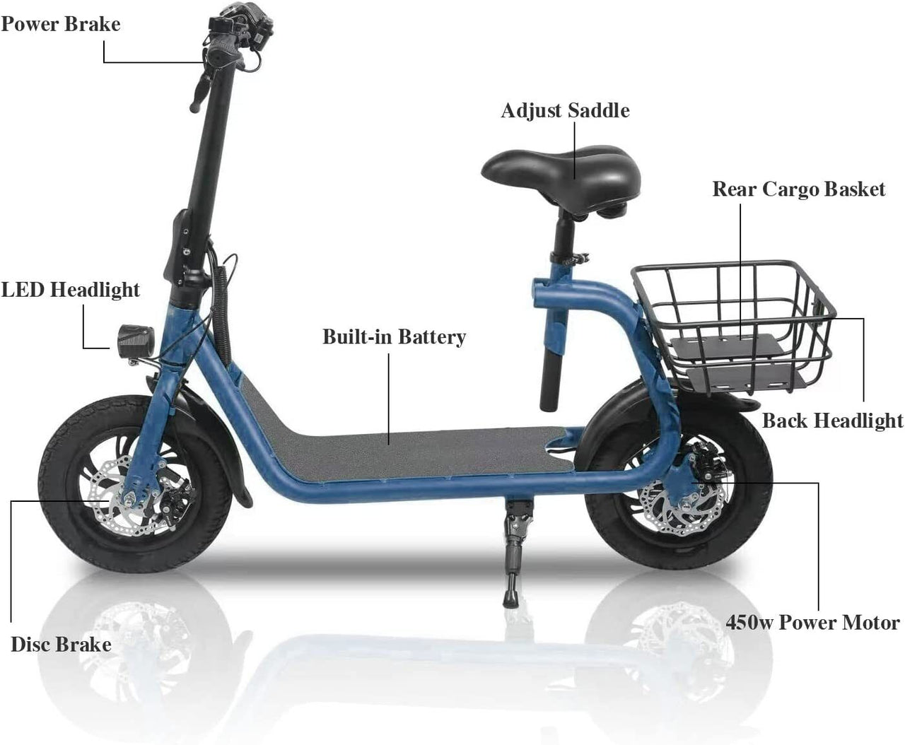 SEHOMY Electric Scooter Adults with Seat , Portable Scooters for Adults 15.5MPH Lightweight, Foldable 450W Motor Battery E-Scooter Basket, 265lbs Max Load Electronic Scooter 2 Wheel