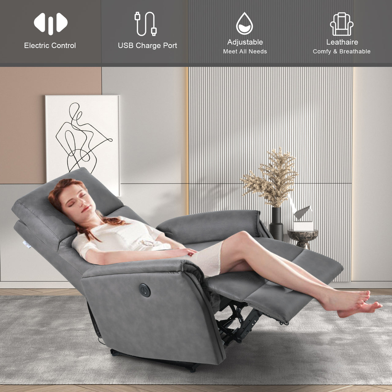 Electric Power Recliner Chair-Breathable Fabric Reclining Chair-USB Ports-Bedroom Living Room Small Recliners-Home Theater