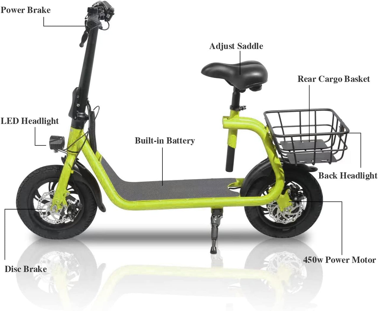 SEHOMY Electric Scooter Adults with Seat , Portable Scooters for Adults 15.5MPH Lightweight, Foldable 450W Motor Battery E-Scooter Basket, 265lbs Max Load Electronic Scooter 2 Wheel