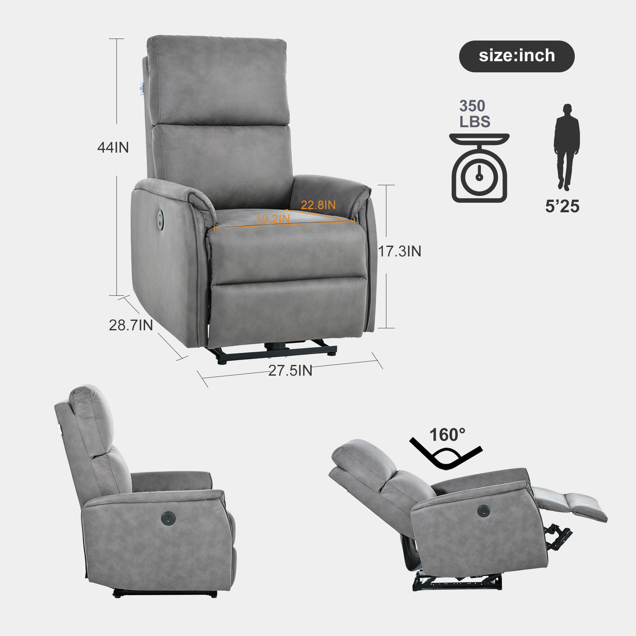 Electric Power Recliner Chair-Breathable Fabric Reclining Chair-USB Ports-Bedroom Living Room Small Recliners-Home Theater