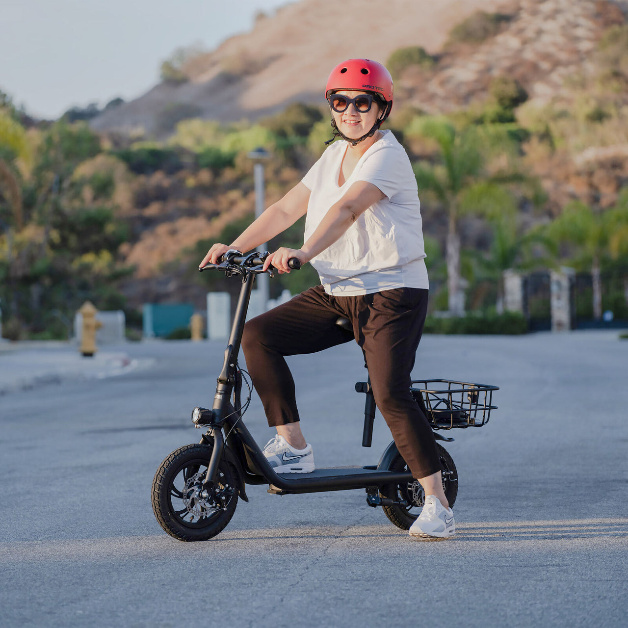 SEHOMY Electric Scooter Adults with Seat , Portable Scooters for Adults 15.5MPH Lightweight, Foldable 450W Motor Battery E-Scooter Basket, 265lbs Max Load Electronic Scooter 2 Wheel