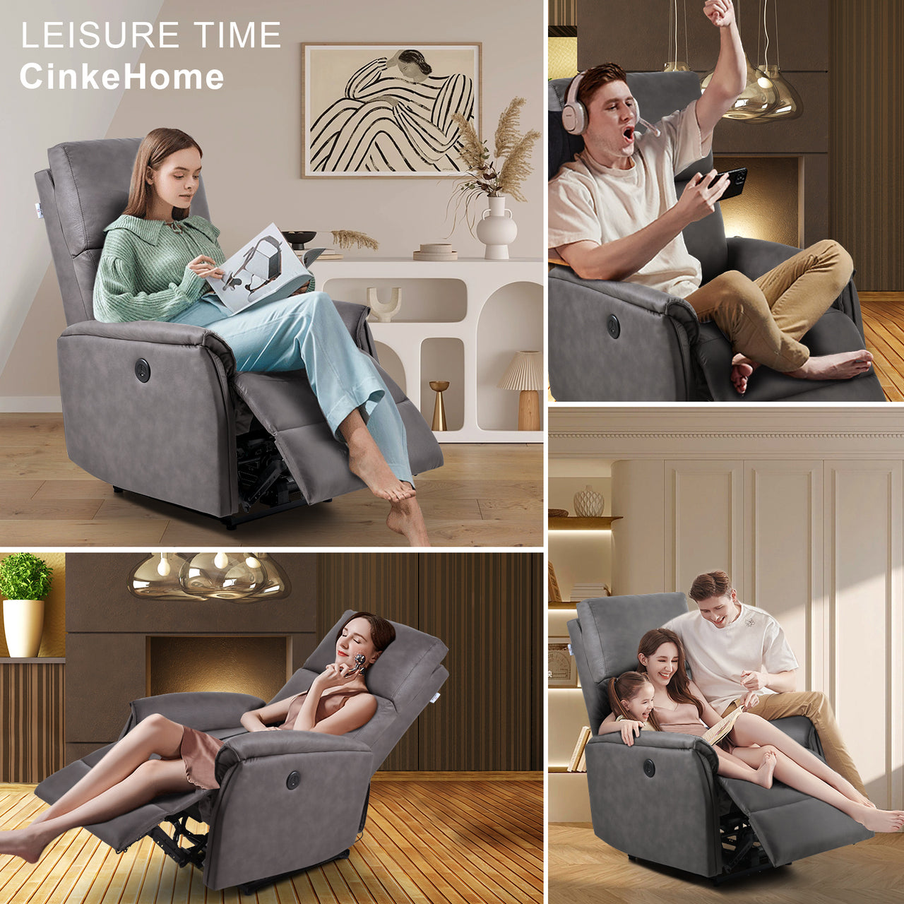 Electric Power Recliner Chair-Breathable Fabric Reclining Chair-USB Ports-Bedroom Living Room Small Recliners-Home Theater