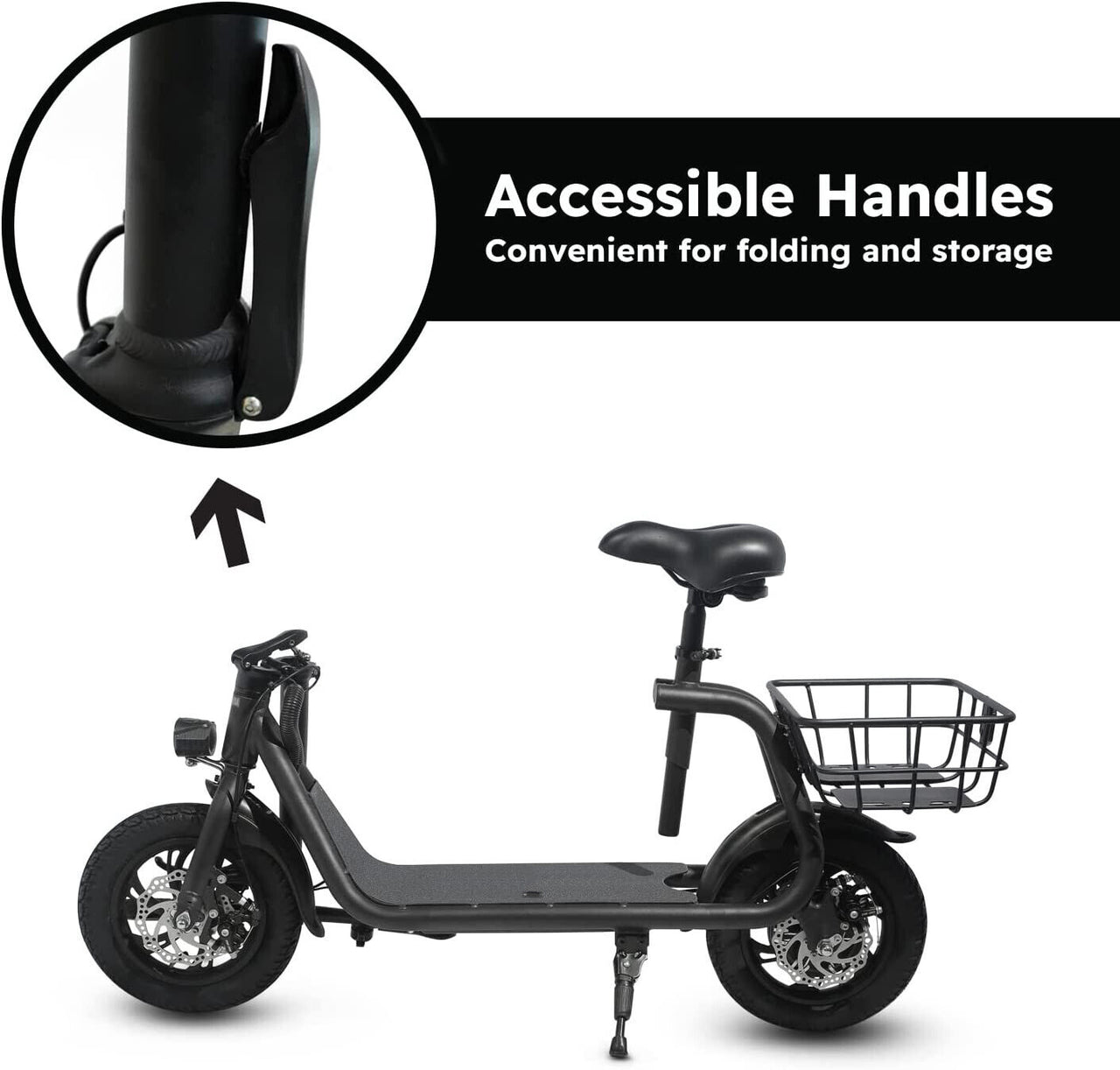 SEHOMY Electric Scooter Adults with Seat , Portable Scooters for Adults 15.5MPH Lightweight, Foldable 450W Motor Battery E-Scooter Basket, 265lbs Max Load Electronic Scooter 2 Wheel