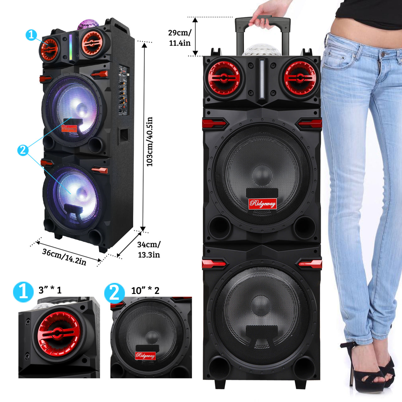 Dual 10" Woofer Portable Bluetooth Speaker 4,500W Party FM Karaok DJ LED AUX