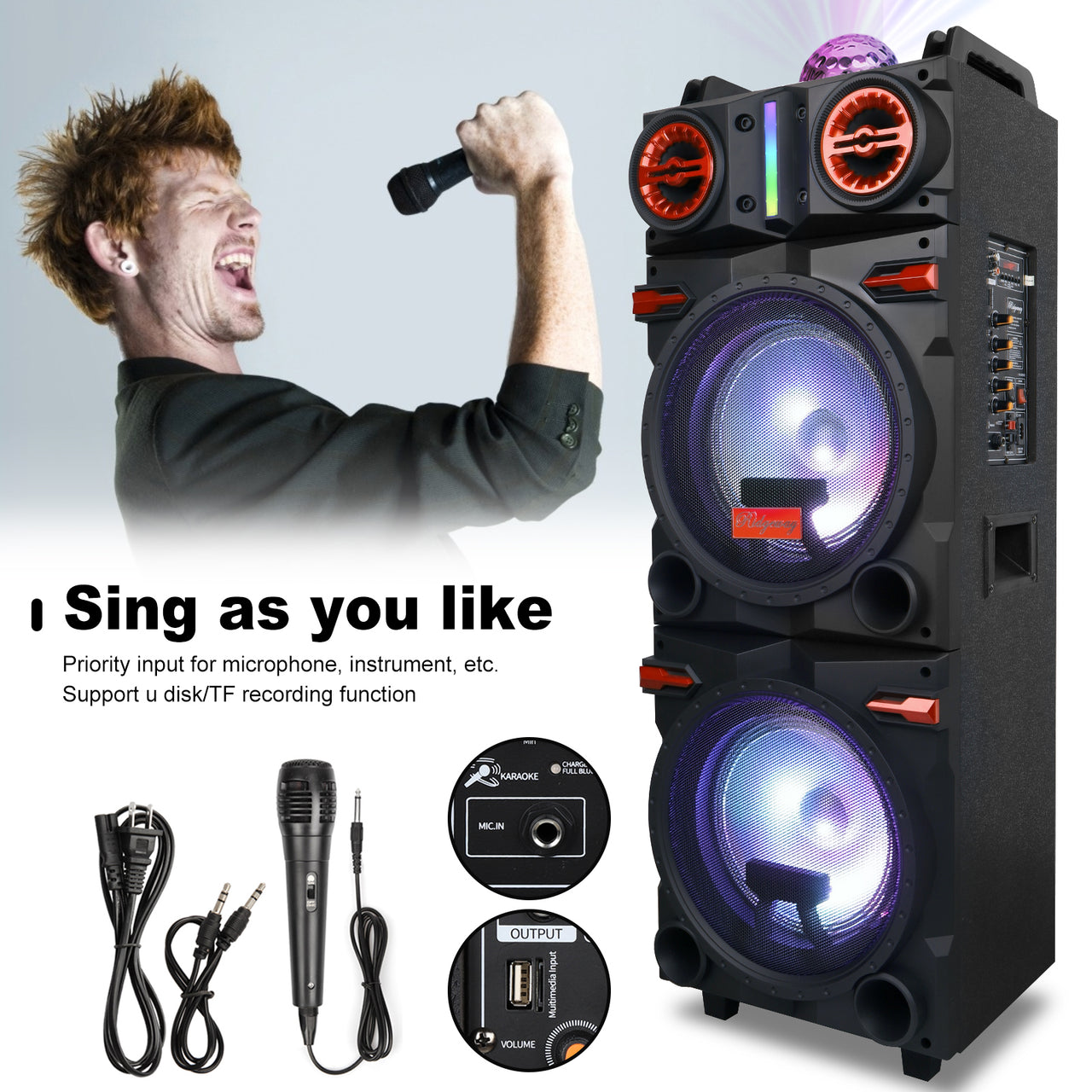 Dual 10" Woofer Portable Bluetooth Speaker 4,500W Party FM Karaok DJ LED AUX