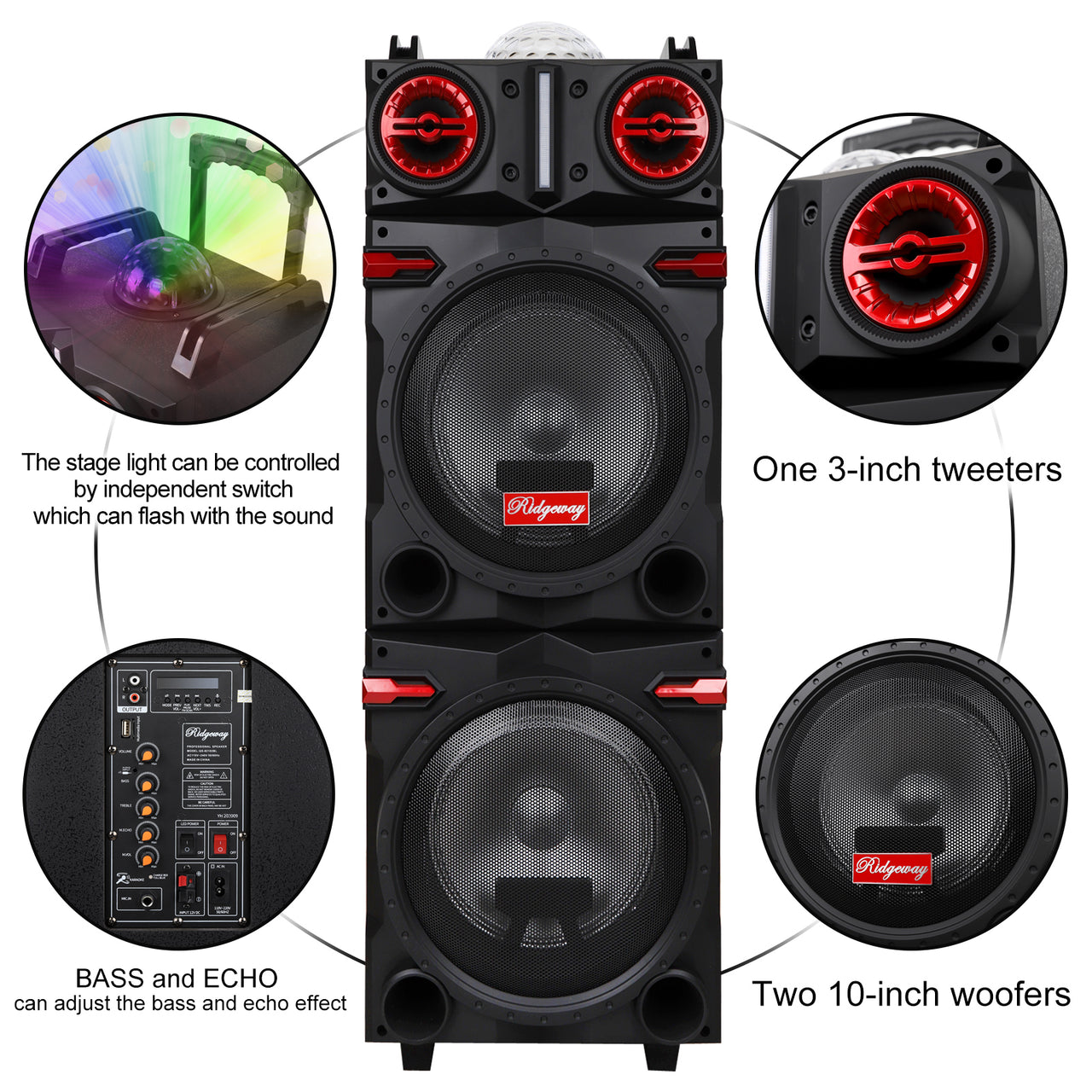 Dual 10" Woofer Portable Bluetooth Speaker 4,500W Party FM Karaok DJ LED AUX